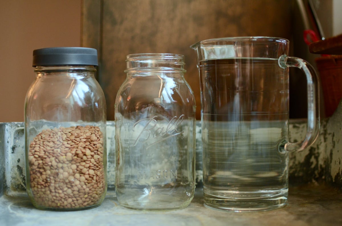 From left to right, a quart jar of brown lentils, an empty quart jar, and a pitcher of water