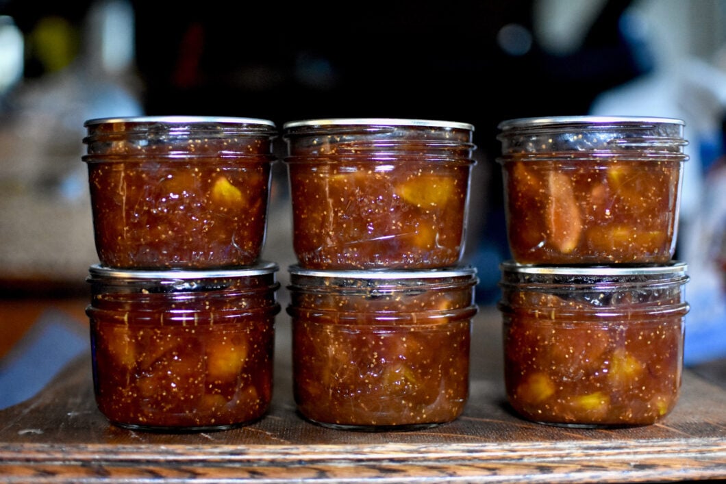 Six wide mouth half pints of salted vanilla fig jam