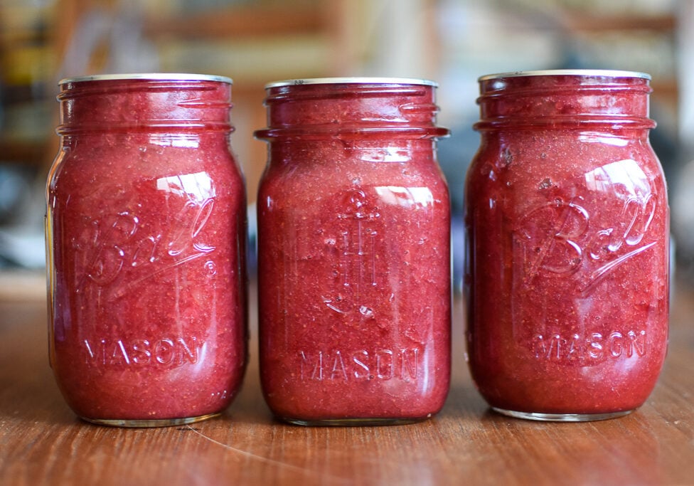 three jars strawberry rhubarb jam